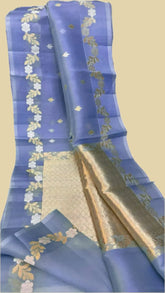 Blue Gold and Silver Zari Floral Kora Organza Saree